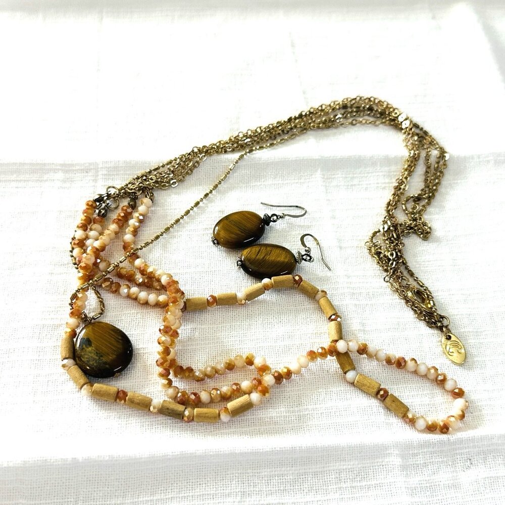 Charming Charlie Tiger Eye Tripple Necklace & Earrings Signed Gold Tone & Beaded